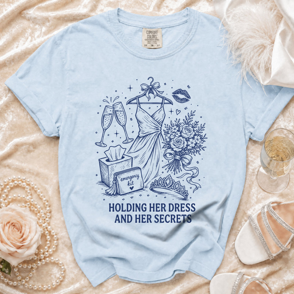 Light blue t-shirt with dark blue sketch of wedding items and text.