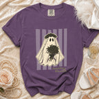 Purple t-shirt with a ghost wearing a flower crown holding roses and text "haunting the aisle".