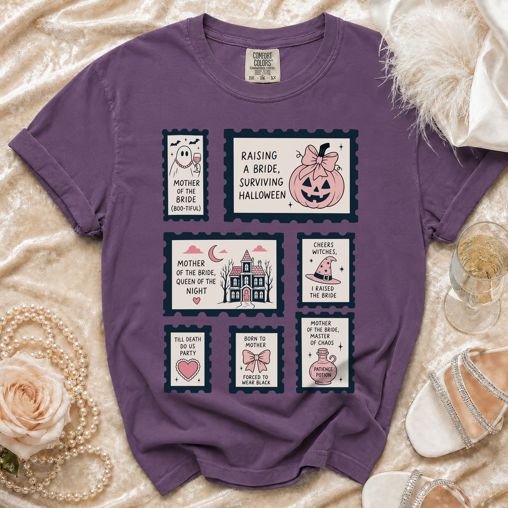 Purple t-shirt with "Mother of the Bride" themed Halloween stamp graphics.