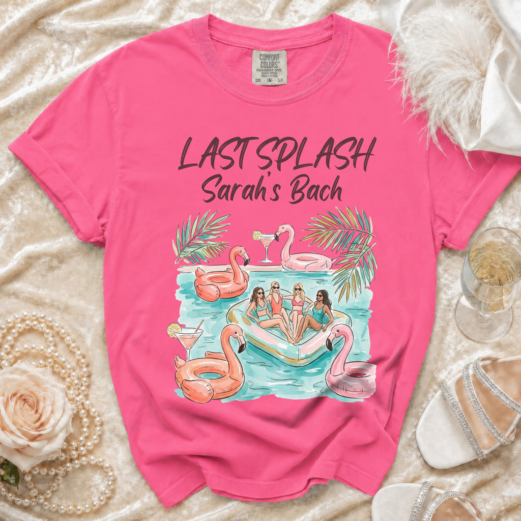 Last Splash Sarah's Bach bachelorette t-shirt with flamingo floats.