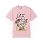 Sarah's Last Splash Malibu CA Summer 2026 flamingo and palm tree graphic t-shirt.