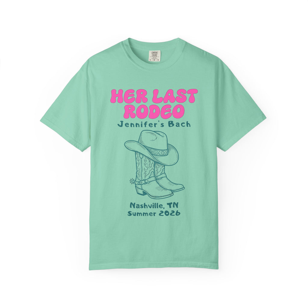 Mint t-shirt with "Her Last Rodeo" and cowboy boots graphic.