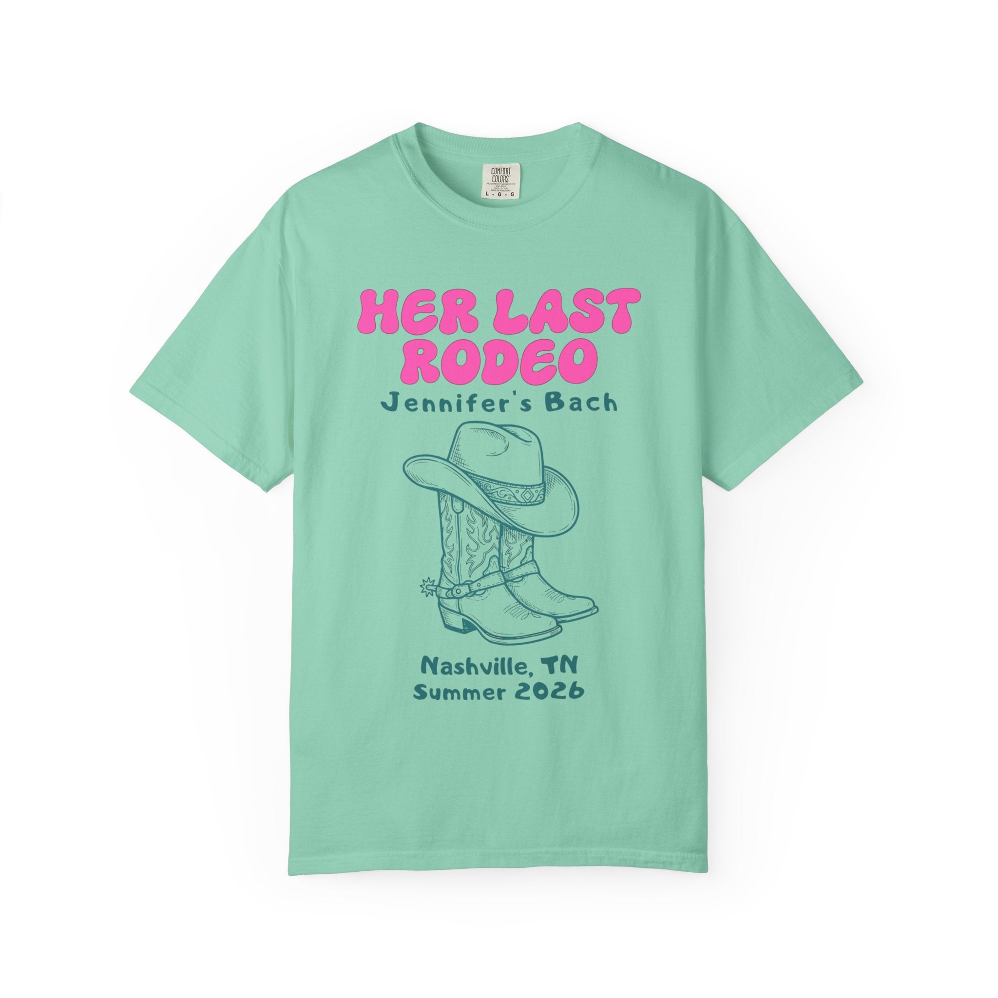 Mint t-shirt with "Her Last Rodeo" and cowboy boots graphic.