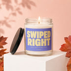 Lit candle in glass jar with "Swiped Right Best Decision Ever" label.