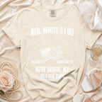 Cream t-shirt with "Red, White & I Do" and bachelorette details.