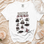 White t-shirt with "Bride On the Loose!" graphic illustrating a wedding journey.