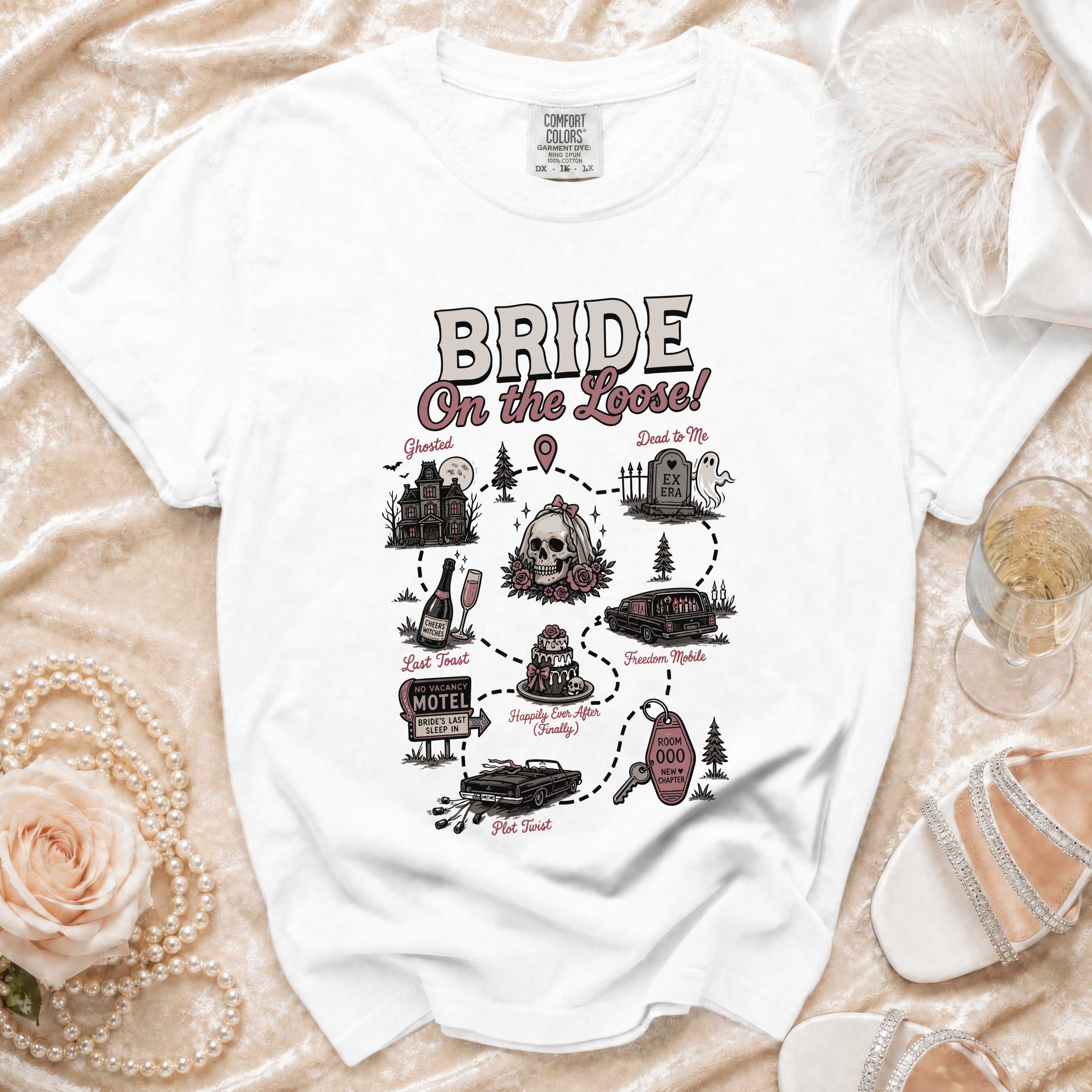 White t-shirt with "Bride On the Loose!" graphic illustrating a wedding journey.