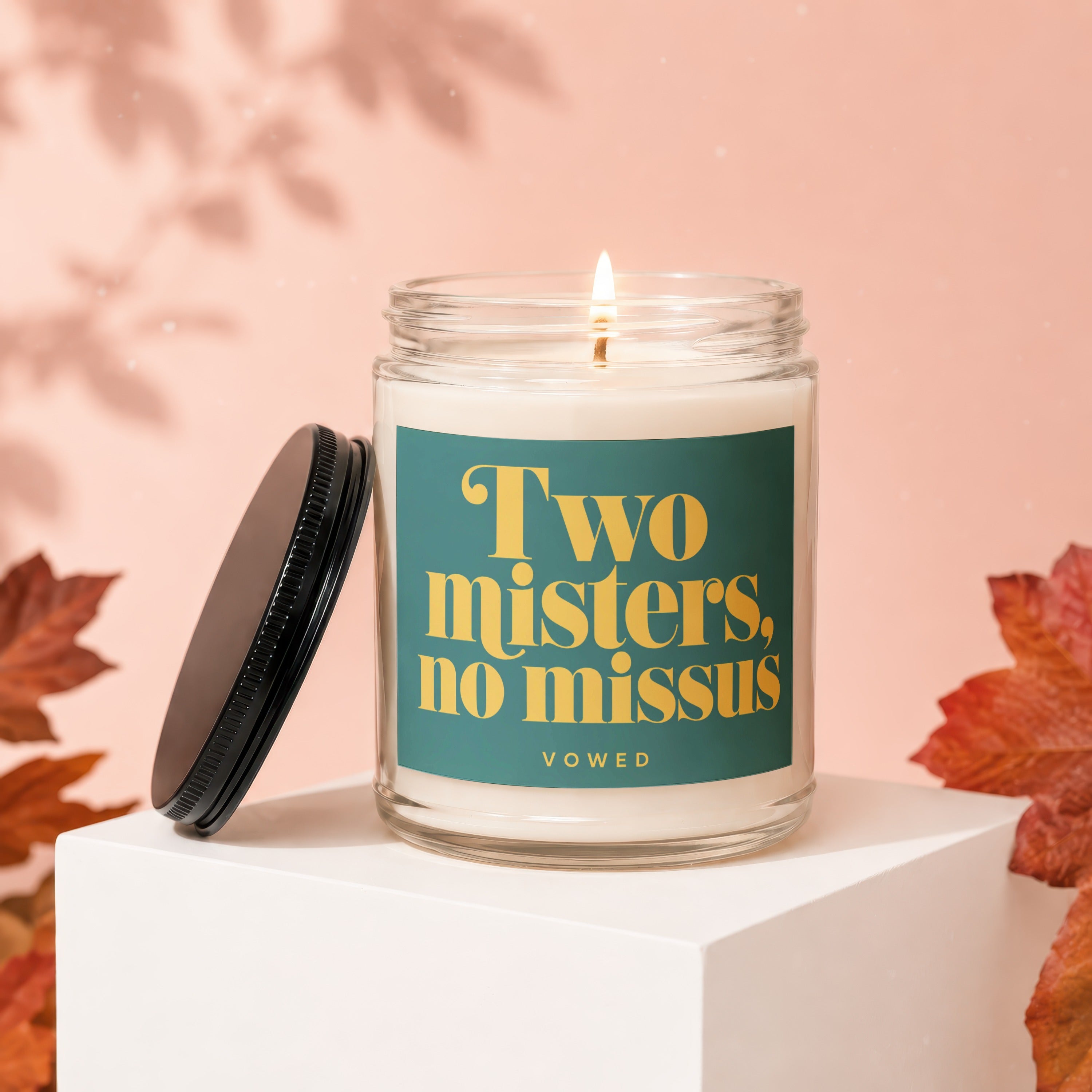 Glass jar candle with "Two misters, no missus" text.