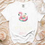White t-shirt with flamingo float and "Last Splash Sarah's Bach" text.