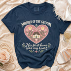 Navy t-shirt with "Mother of the Groom" and heart house graphic.