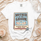 White t-shirt with "Mother of the Groom Wedding Weekend Social Club" text and swans.