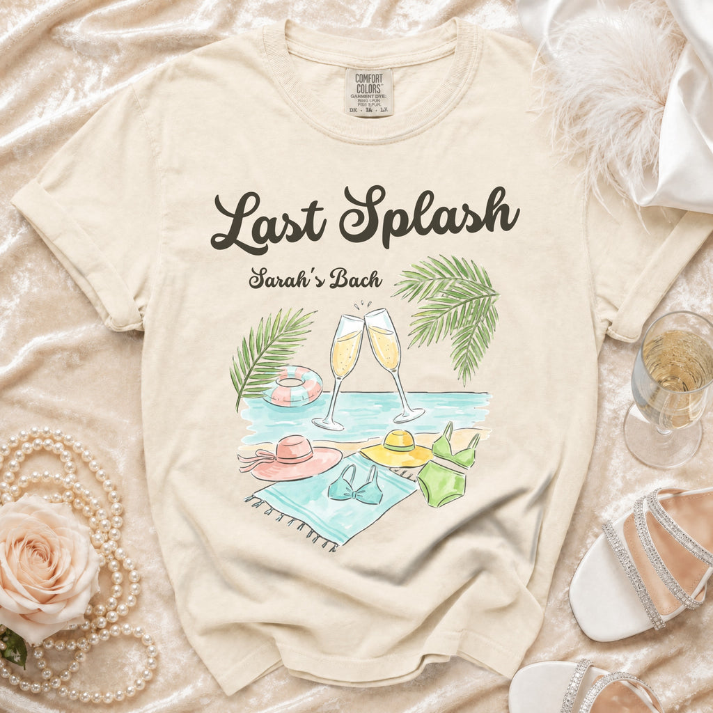 "Last Splash Sarah's Bach" graphic on a cream t-shirt with beach elements.