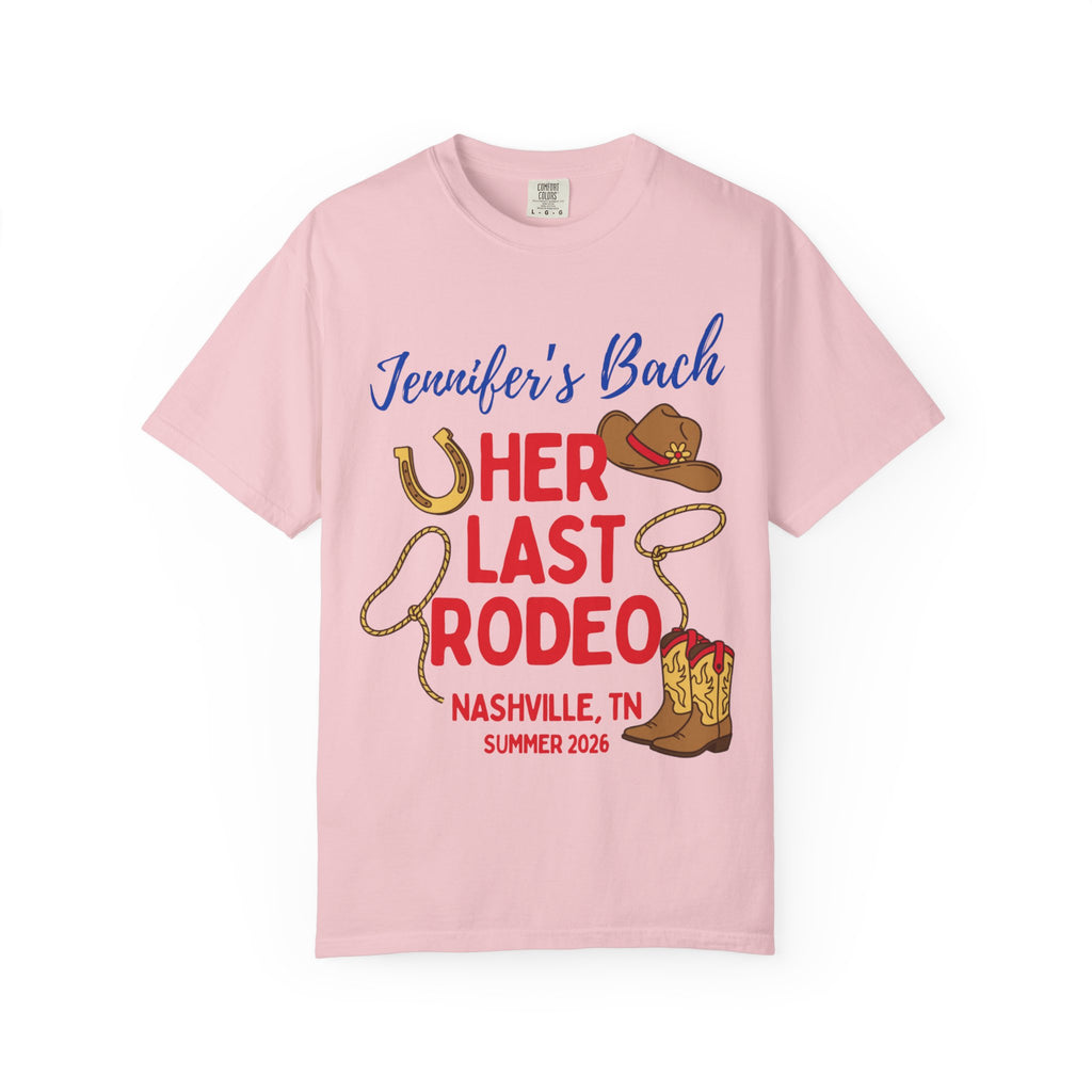 Pink t-shirt with "Jennifer's Last Rodeo Nashville, TN Summer 2026" and cowboy boot graphics.