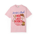 Pink t-shirt with "Jennifer's Last Rodeo Nashville, TN Summer 2026" and cowboy boot graphics.