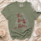 Green t-shirt with "This Bride Bites" gothic bride graphic, bats, and roses.