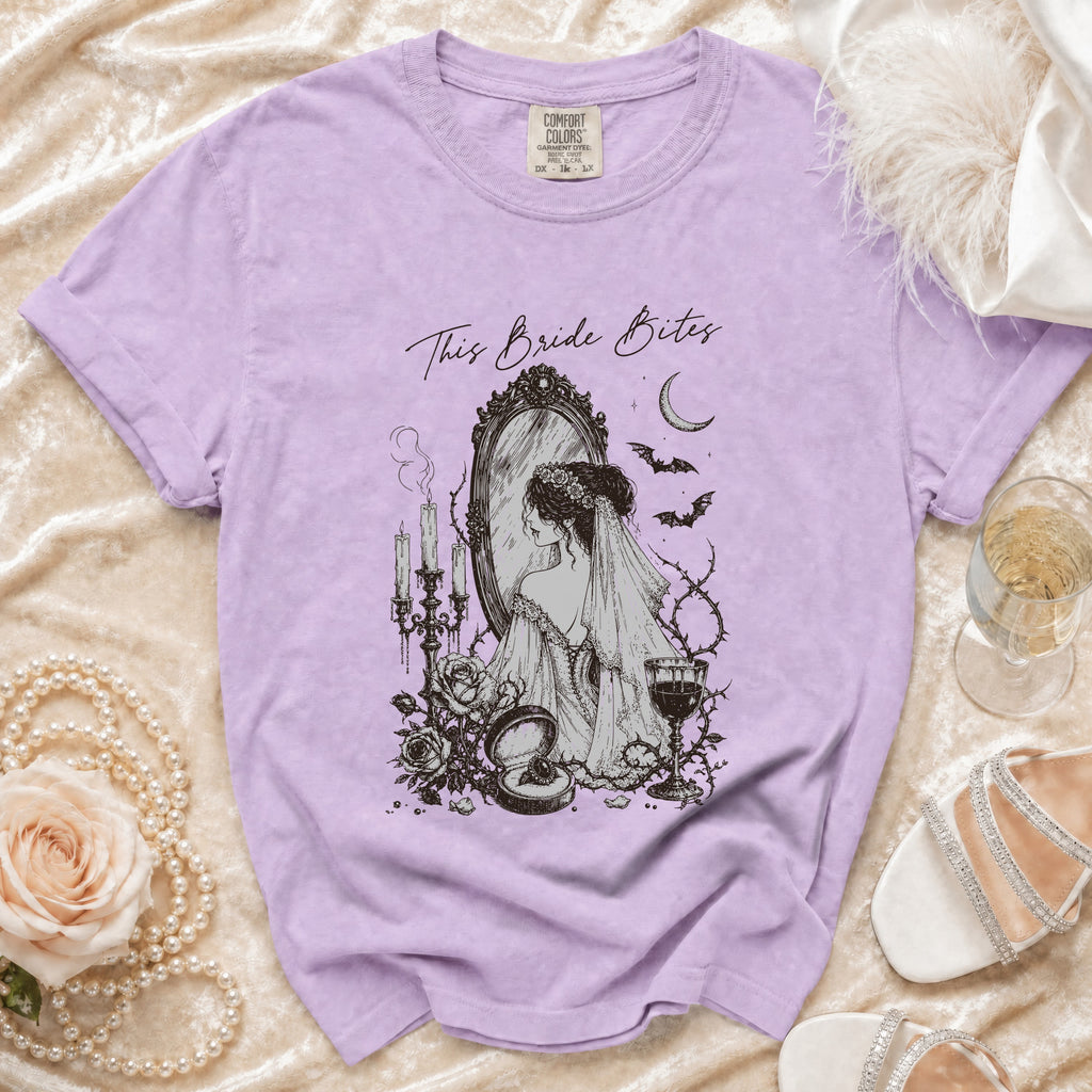 Lavender t-shirt with gothic bride graphic and text "This Bride Bites".