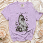 Lavender t-shirt with gothic bride graphic and text "This Bride Bites".