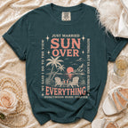 Teal Comfort Colors t-shirt with "Just Married Sun Over Everything" honeymoon graphic.