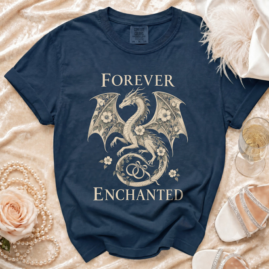 Navy t-shirt with "FOREVER ENCHANTED" and a dragon design with wedding rings.