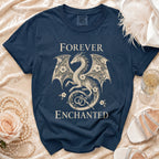 Navy t-shirt with "FOREVER ENCHANTED" and a dragon design with wedding rings.