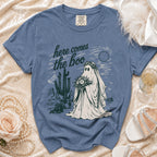 Blue Comfort Colors t-shirt with "here comes the boo" text and ghost bride in desert scene.