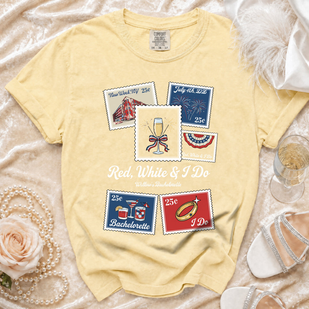 T-shirt with vintage stamps featuring "Red, White & I Do" and bachelorette theme.