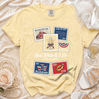 T-shirt with vintage stamps featuring "Red, White & I Do" and bachelorette theme.