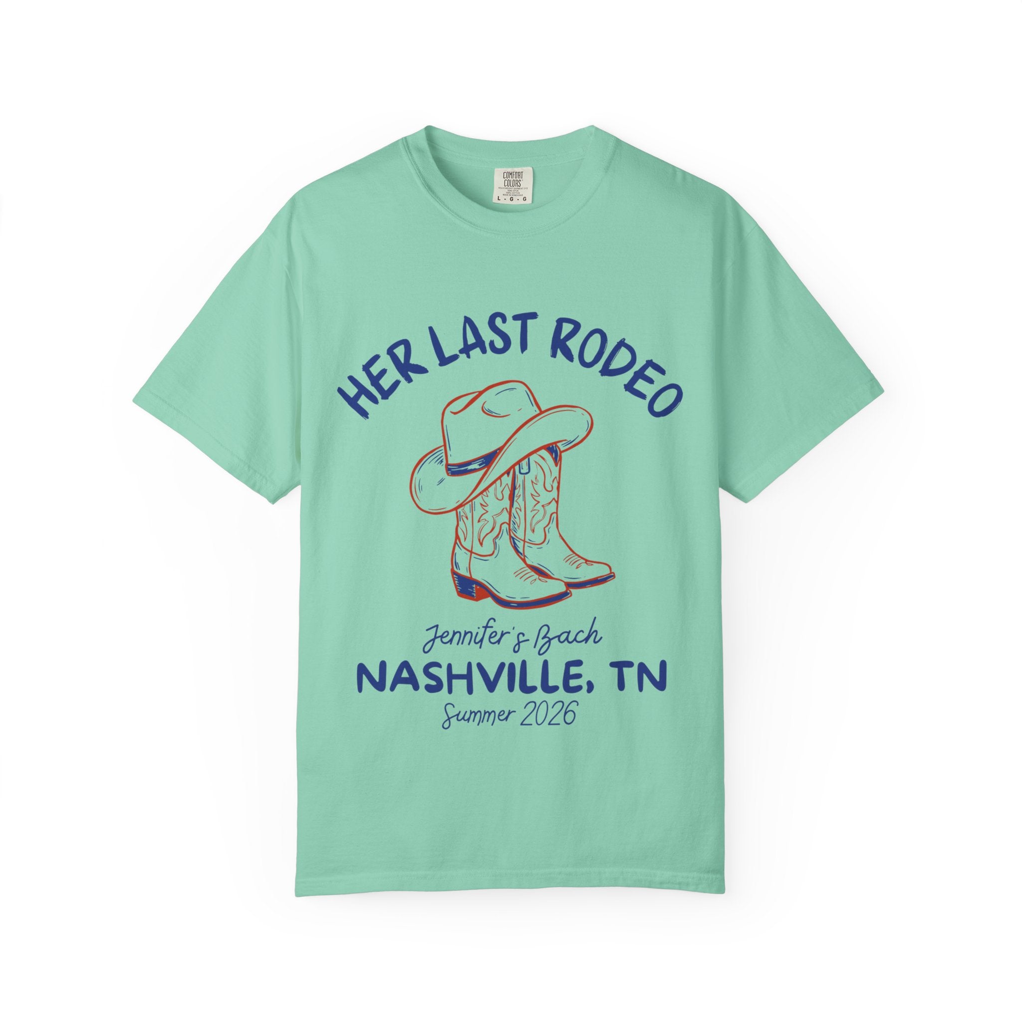 Teal t-shirt with cowboy boots and text "Her Last Rodeo" and bachelorette details.