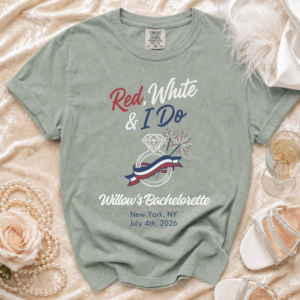 Red, White & I Do Willow's Bachelorette shirt with engagement ring graphic.