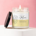 Lit candle in jar for "My Other Mom" with floral design and wedding message.
