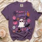 Purple t-shirt with "Mother of the Bride Boo-tiful inside & out" and Halloween graphics.
