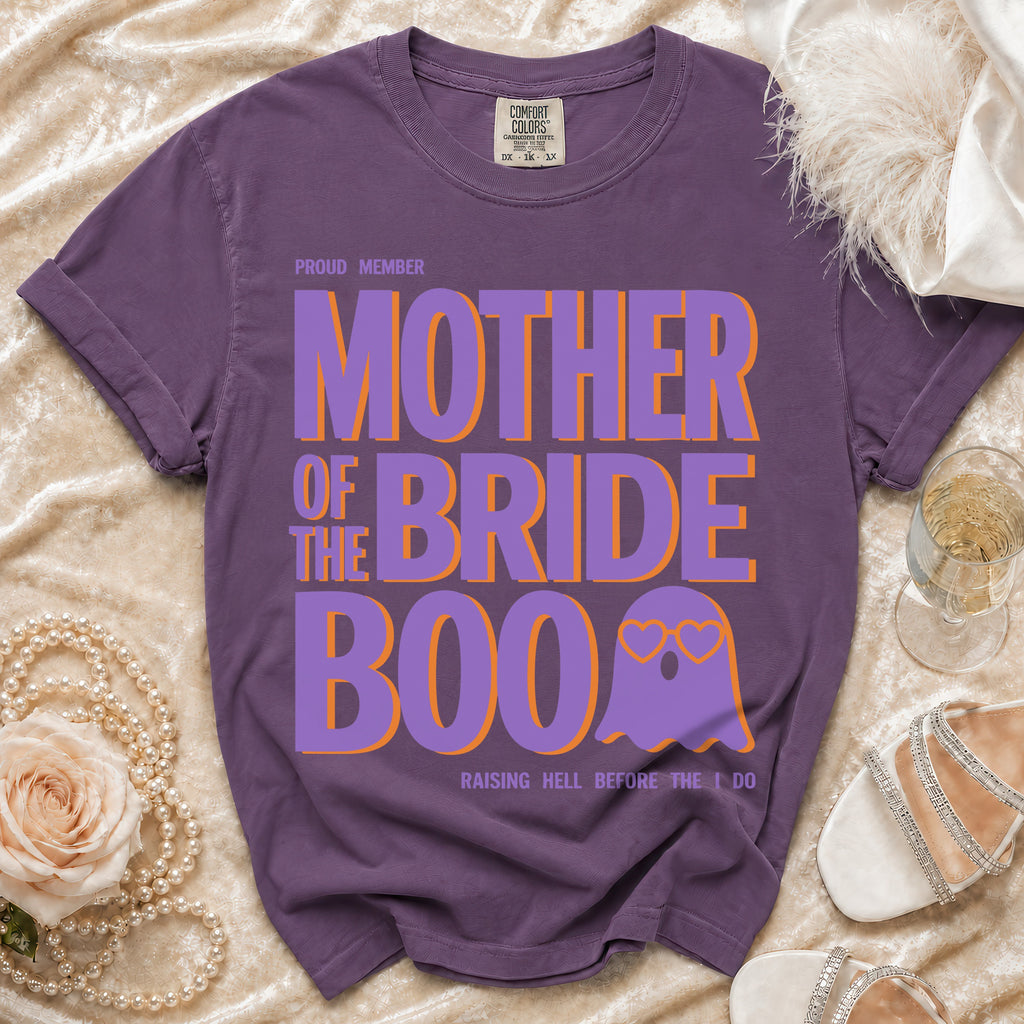 Purple t-shirt featuring the text Mother of the Bride Boo with a ghost graphic.