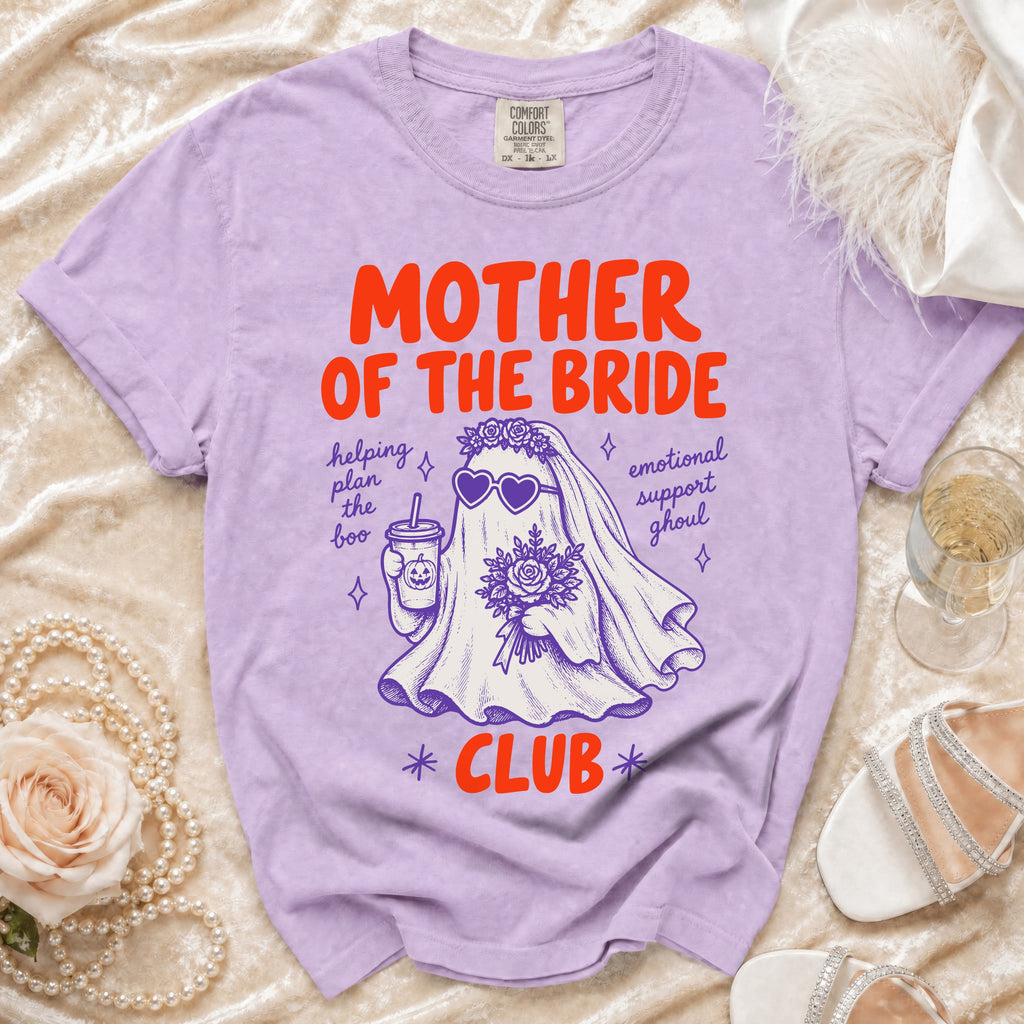 Lavender t-shirt with "Mother of the Bride Club" design featuring a ghost bride.