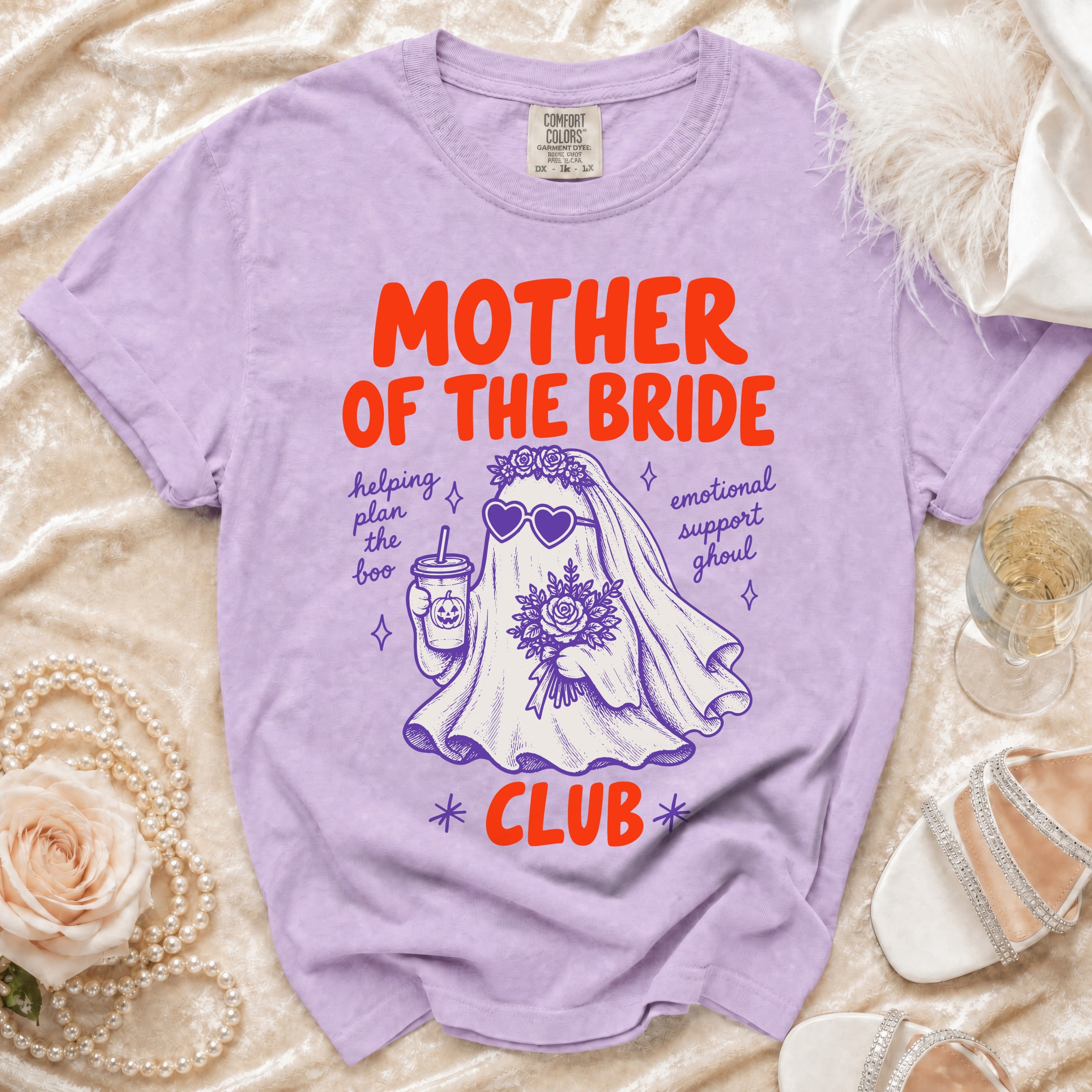 Lavender t-shirt with "Mother of the Bride Club" design featuring a ghost bride.