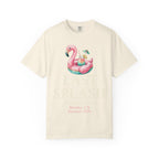 Cream t-shirt with flamingo float and "Last Splash Sarah's Bach Malibu, CA Summer 2026" text.