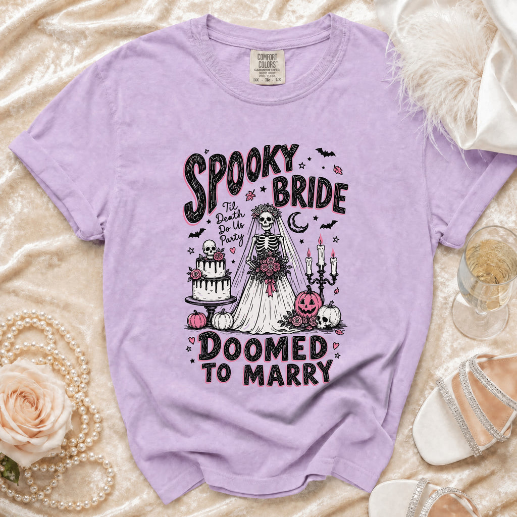 Spooky Bride design with skeleton bride, cake, pumpkins, and text.