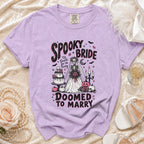 Spooky Bride design with skeleton bride, cake, pumpkins, and text.