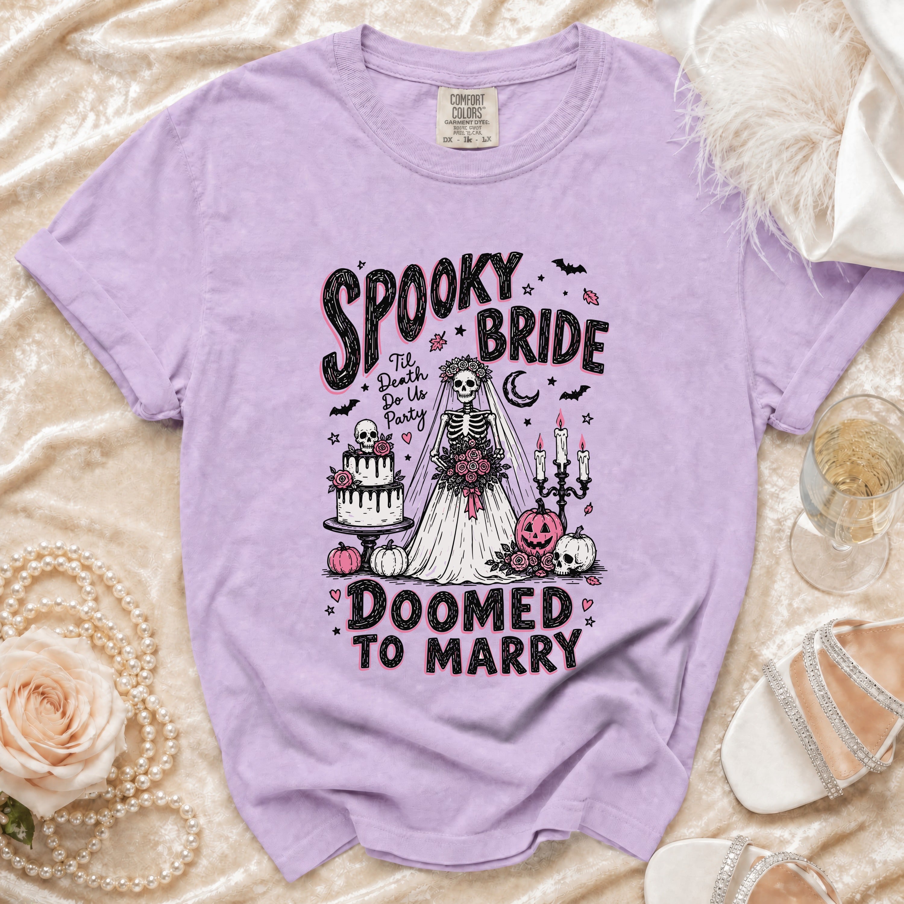 Spooky Bride design with skeleton bride, cake, pumpkins, and text.