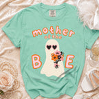 Mint t-shirt with "Mother of the BAE" ghost graphic and floral bouquet.