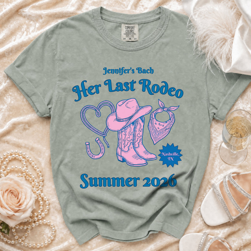 Cowboy boots, hat, bandana, horseshoe, and "Jennifer's Bach Her Last Rodeo Summer 2026" text.