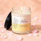 Lit candle in a glass jar with a label reading "FOR MY OTHER Mom".