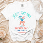 White t-shirt with "Last Splash Sarah's Bach Malibu, CA Summer 2026" text.