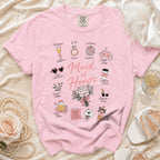 Pink t-shirt with "Maid of Honor" and illustrated wedding roles and items.