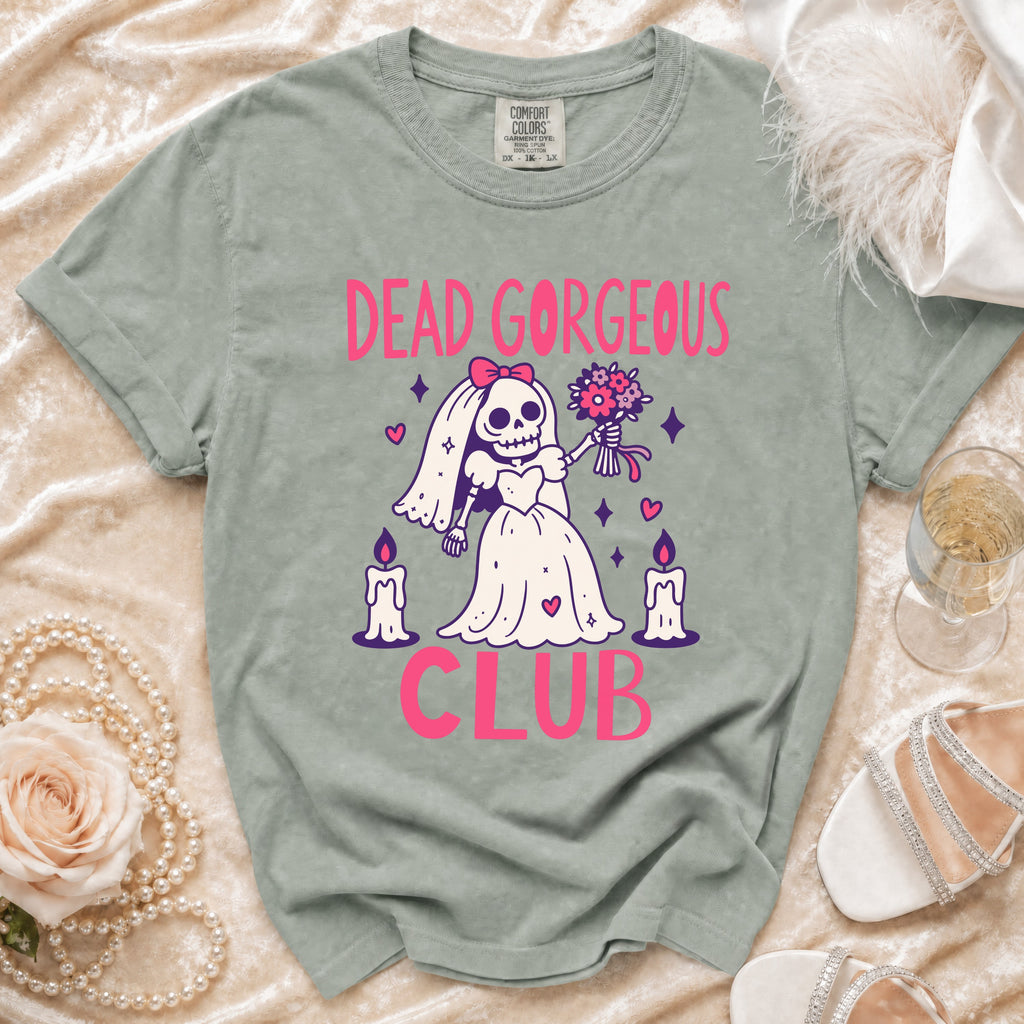 T-shirt with a skeleton bride graphic and text "DEAD GORGEOUS CLUB".