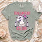 T-shirt with a skeleton bride graphic and text "DEAD GORGEOUS CLUB".
