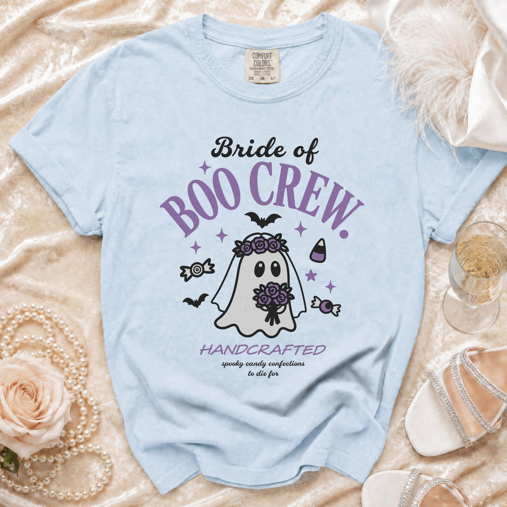 Light blue t-shirt with "Bride of Boo Crew" and ghost graphic.
