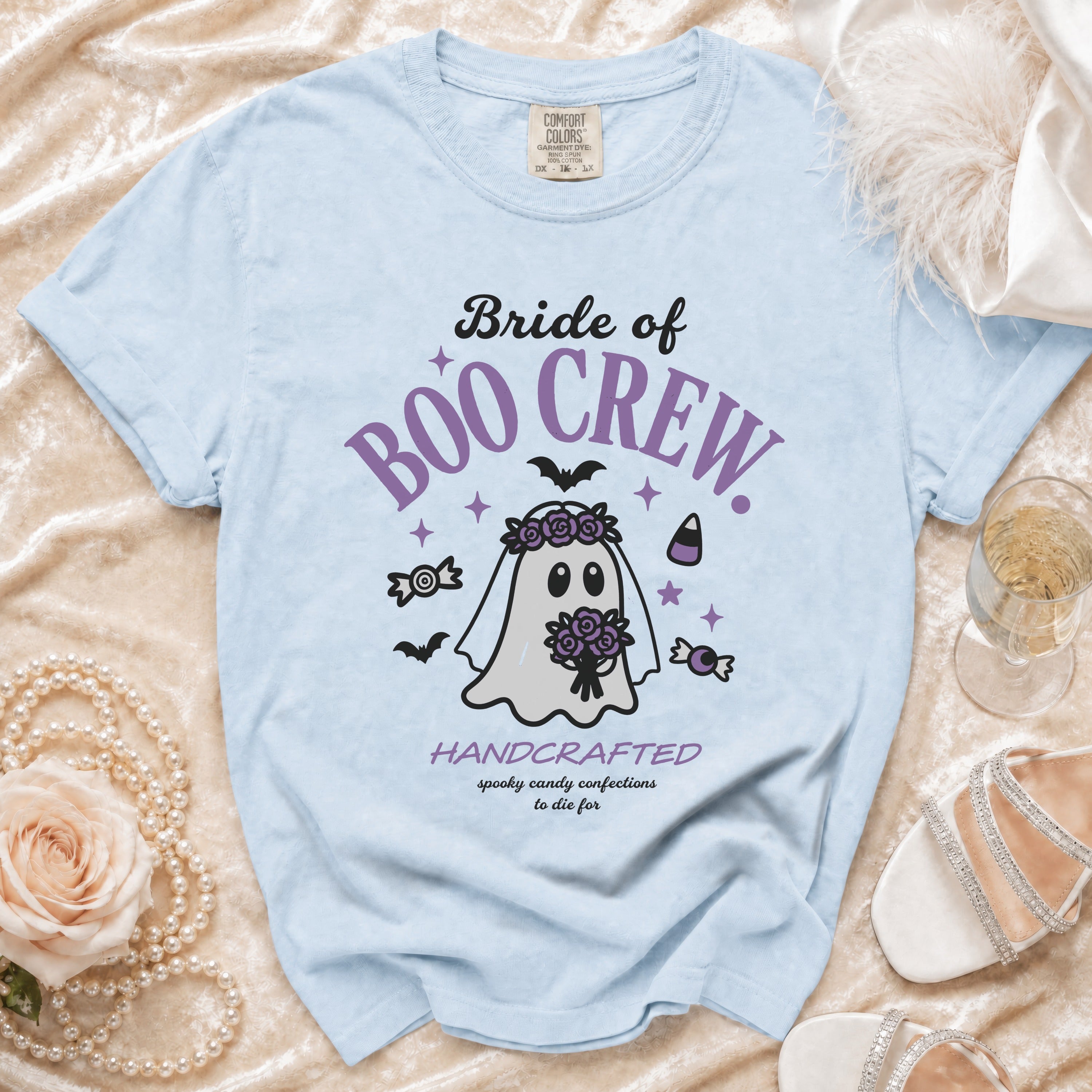 Light blue t-shirt with "Bride of Boo Crew" and ghost graphic.