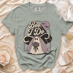 Ghost bride graphic t-shirt with "Boo, I Do" text and bats.