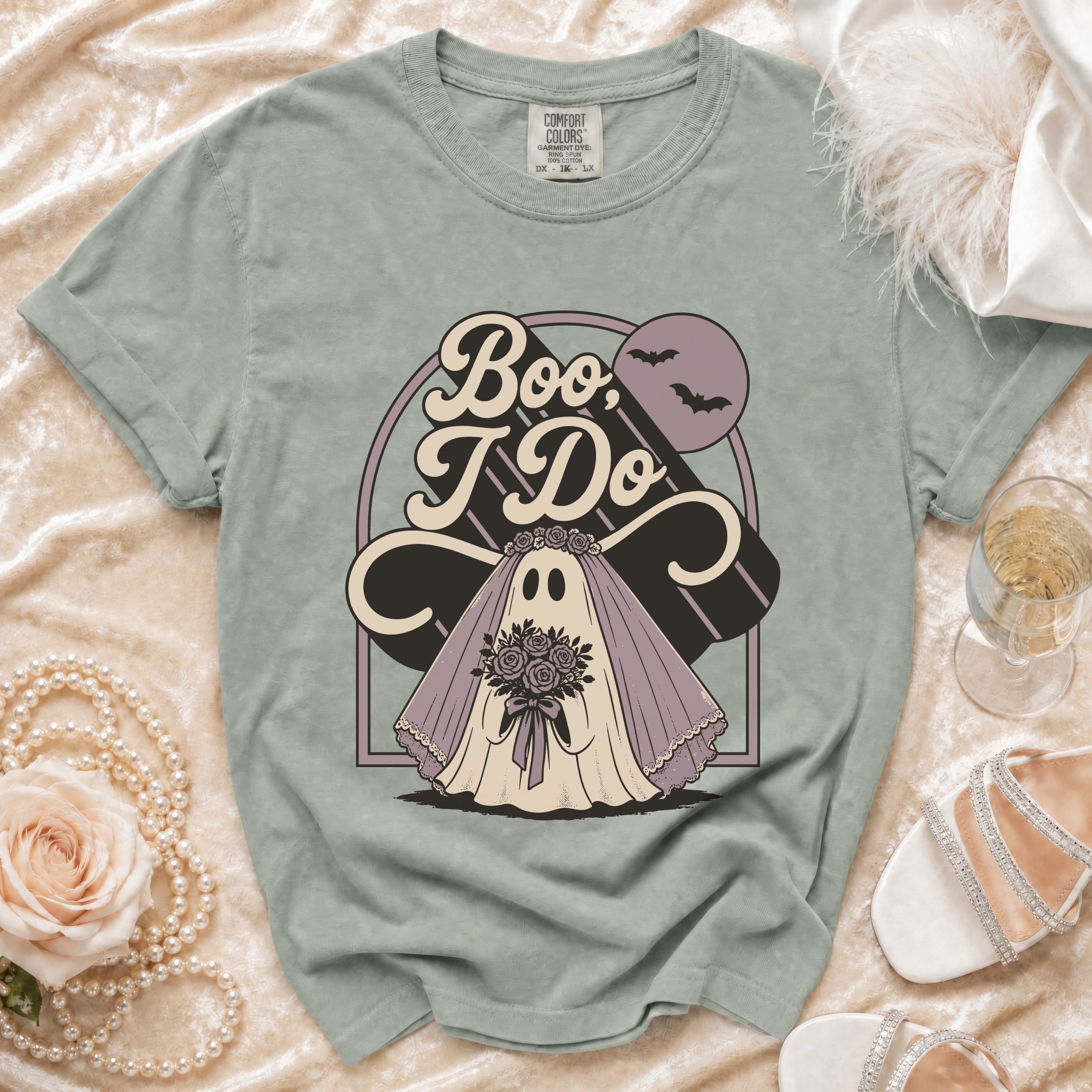 Ghost bride graphic t-shirt with "Boo, I Do" text and bats.