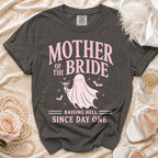 Mother of the Bride t-shirt with a ghost holding a martini, "Raising Hell Since Day One."